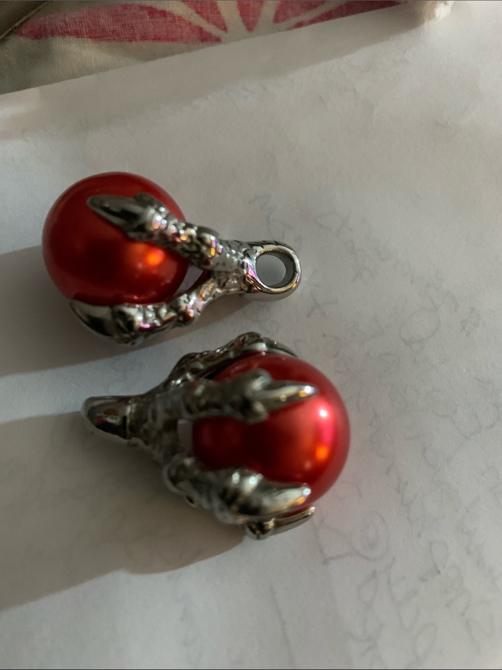 2-Bundle Pair Of Silver Tone Red Orb or Pearl Dragon Claw Pendants